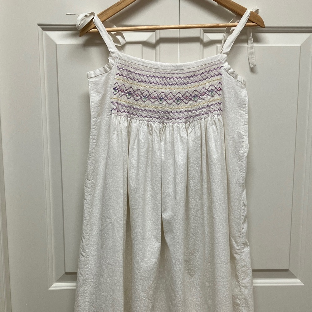 Vintage handmade smocked long nightgown with shoulder ties, white, M